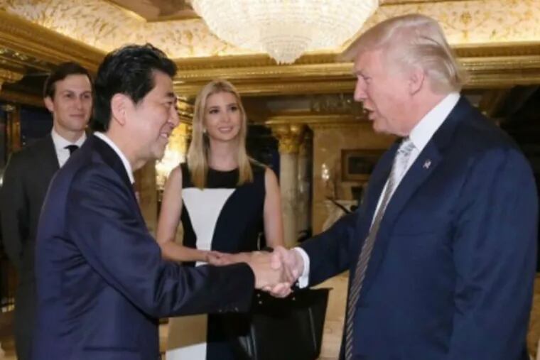 Donald Trump meets with Japanese Prime Minister Shinzo Abe in New York, with his daughter Ivanka and son-in-law Jared Kushner on hand.