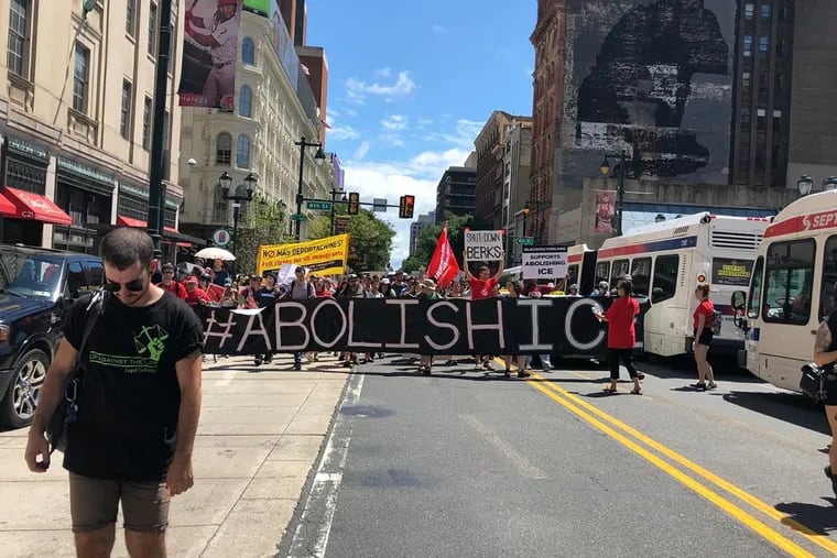 Anti-ICE march moving west on market toward City Hall on Aug. 4, 2018.