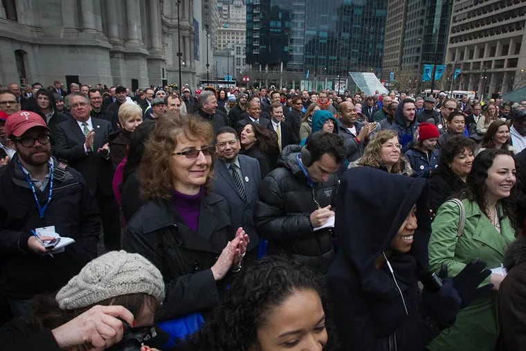 A crowd gathered at the National Transportation Infrastructure Day rally held at Dilworth Park, center city, Philadelphia on April 9, 2015. ( ALEJANDRO A. ALVAREZ / Staff Photographer )