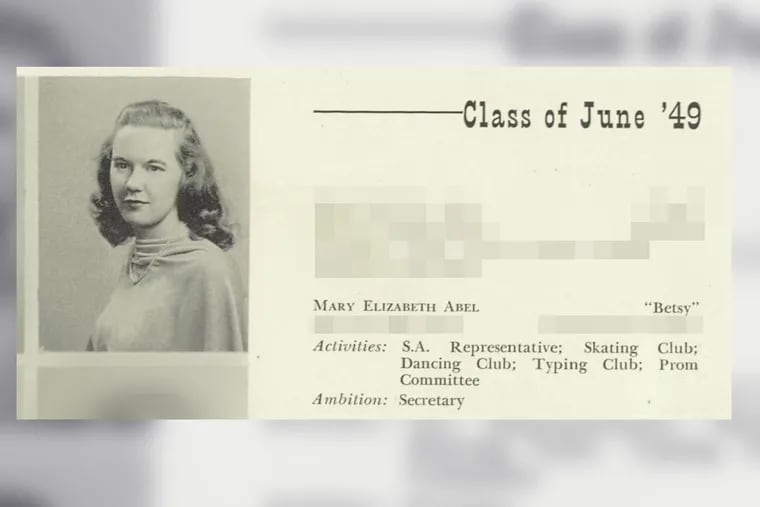 Mary Elizabeth "Betsy" Abel, shown in the Dobbins High School yearbook for the class of 1949, was the mother of Joseph Augustus Zarelli, known for six decades only as "The Boy in the Box."