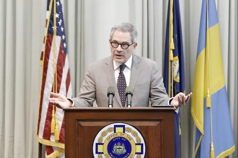 Philadelphia District Attorney Larry Krasner during a press conference on Feb. 15.