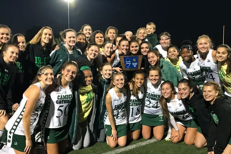 The Camden Catholic field hockey team celebrates its South Non-Public championship after defeating Moorestown Friends, 7-0, on November 6, 2019.