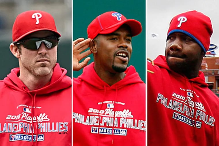 Chase Utley (left), Jimmy Rollins (center) and Ryan Howard made Bill Conlin's Phillies World Series All-Star team. (Staff Photos)