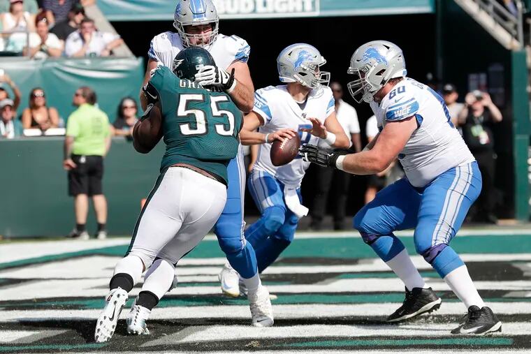 Vegas Vic is looking for Brandon Graham and the Eagles defense to make life miserable for Jets quarterback Luke Falk. Here's Graham trying to get to Detroit's Matthew Stafford in Week 3.