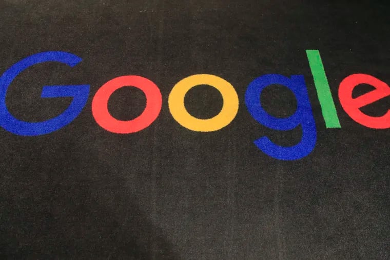 In this Nov. 18, 2019 file photo, the logo of Google is displayed on a carpet at the entrance hall of Google France in Paris. (AP Photo/Michel Euler, File)