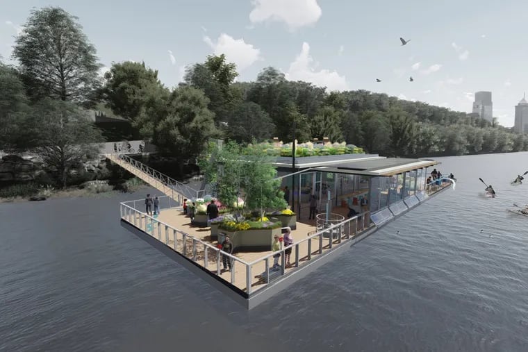 Rendering of a Floating Water Workshop proposed for the Schuylkill just south of Fairmount Water Works in Philadelphia.