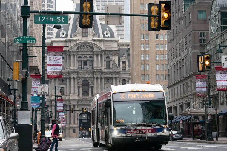 A SEPTA bus on Market Street, in Philadelphia, March 19, 2020. To accommodate changing ridership levels during the coronavirus crisis, SEPTA has reduced weekday bus service to a Saturday schedule.