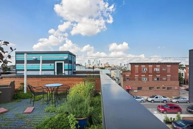 The roof deck of 1807 S. Bancroft St. offers views of Center City Philadelphia.