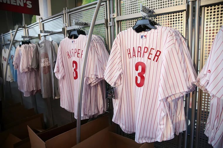 The team store at Citizens Bank Park immediately began selling Bryce Harper merchandise after his introduction on Saturday. So many jerseys were sold, it broke a record.