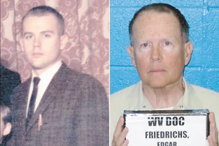 Left: Edgar Friedrichs shown in a photograph with his 5th grade class year 1966-67 at Pennsylvania Avenue Elementary School. Right: Friedrichs in prison. (Provided)