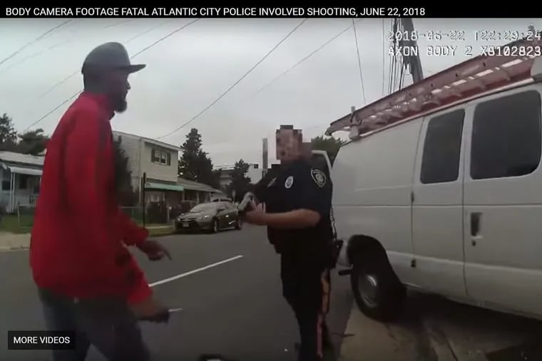Image from police bodycam video shows Timothy Deal holding a pointed object in his right hand as he lunges toward an Atlantic City police officer on June 22.