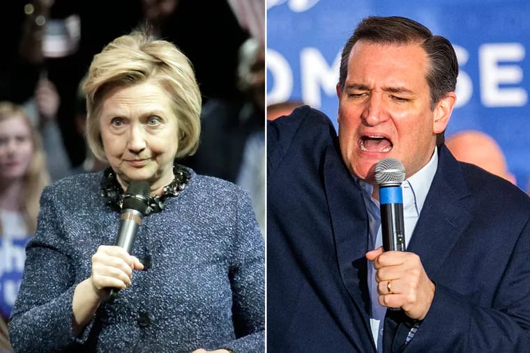 Democratic presidential candidate Hillary Clinton campaigns at the Fillmore in Philadelphia, while Ted Cruz campaigns at the Antique Auto Museum in Hershey, both on Wednesday, April 20.