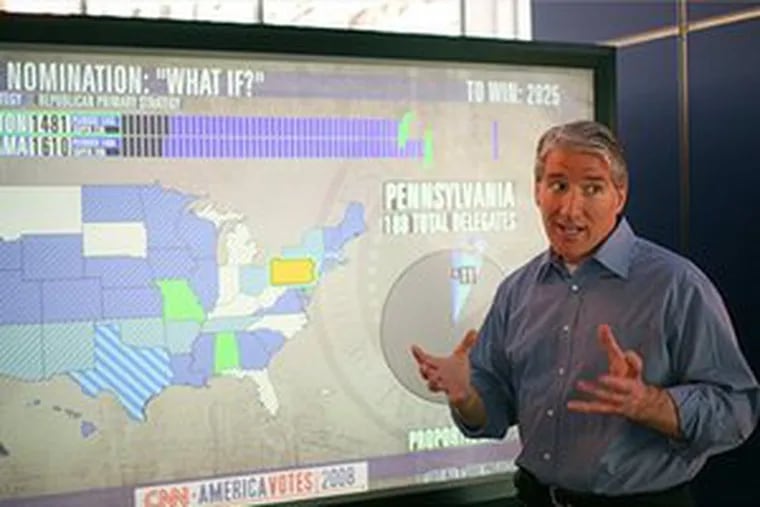 CNN&#0039;s John King gets animated with his election map. Networks are using more computer visuals among their low-tech ones.