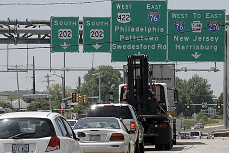 Route 202 near North Gulph Road shows the traffic congestion that plagues King of Prussia and the convergence of major routes that helped create it. (Akira Suwa/Inquirer)