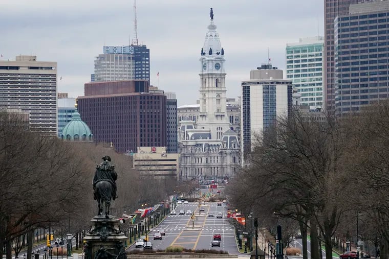 The Benjamin Franklin Parkway and City Hall in Philadelphia, Wednesday, Jan. 27, 2021.