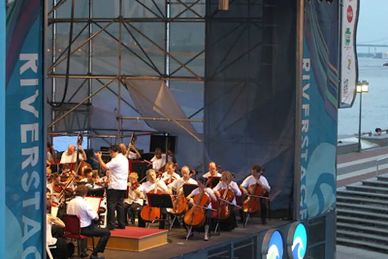 The Philadelphia Orchestra at Penn's Landing on Friday during its second and last free neighborhood summer concert. Thousands descended on the area. (Ron Cortes / Staff Photographer)