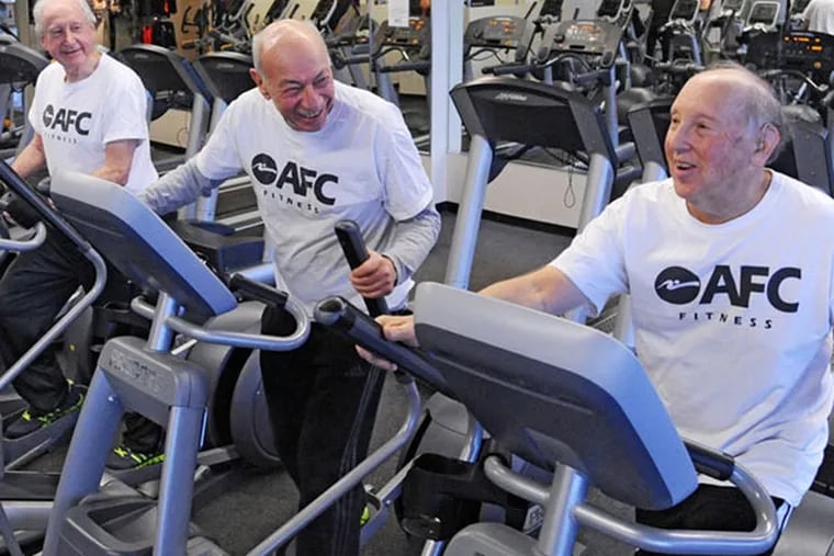 Workout buddies -- Bernie Kauderer (left), 78, Len Michaels (center), 80, and Jay Blumenthal (right), 80 -- go to the Aquatic and Fitness Center in Jenkintown five times per week and work out up to 2 hours.  Here they are March 17, 2015 on the treadmills.