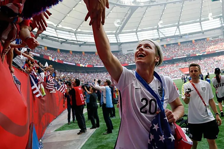 United States forward Abby Wambach (20) celebrates after defeating Japan in the final of the FIFA 2015 Women's World Cup at BC Place Stadium. United States won 5-2. (Michael Chow/USA Today)