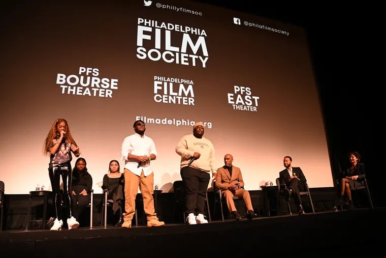 Niambi Goldstein (left), Jaden Alvin (center), and DaShaun Hudson freestyle rap at the premiere of "Stand Up & Shout: Songs From a Philly High School" at the Philadelphia Film Festival on Oct. 20, 2023 in Philadelphia.  (Lisa Lake/Getty Images for HBO)