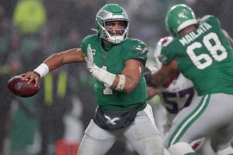 Eagles quarterback Jalen Hurts passed for 200 yards and three touchdowns against the Bills. His play in the fourth quarter and overtime was incandescent.