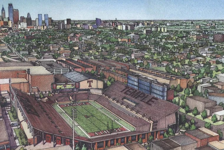 Artist's sketch of Temple University's proposed football stadium/multipurpose facility along the south side of Norris Street, from Broad to 16th Streets. Pictured here, the view looking south toward Center City (Broad Street is the street along the left edge of the frame). Credit: Temple University.