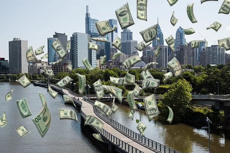 A photo illustration shows money raining with Philadelphia skyline in the background.