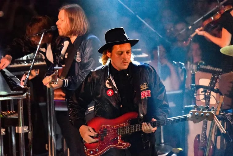 Win Butler fronts Arcade Fire in concert at York Hall in London on July 4.