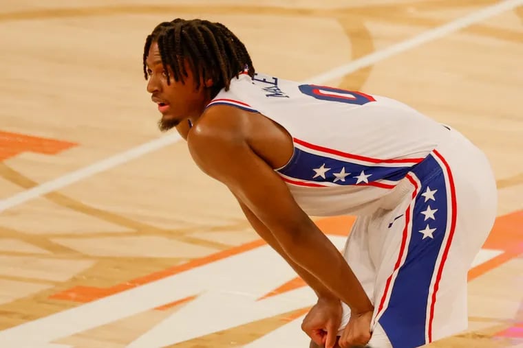 Sixers guard Tyrese Maxey with hands on knees in the closing minutes of regulation in Game 5 against the New York Knicks at Madison Square Garden on Tuesday. Maxey scored seven points in the waning moments to push the game into overtime.