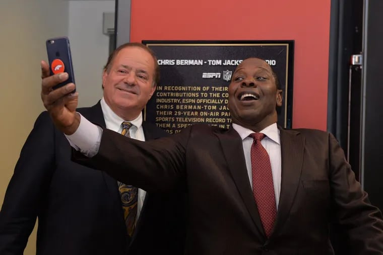 Chris Berman and Tom Jackson in front of the studio ESPN named after them. The duo will reunite on a special edition of “NFL Primetime” following Sunday’s Vikings-Eagles game.