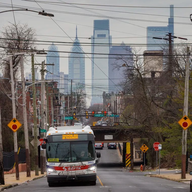 A SEPTA training bus along North 17th Street on Friday, March 31, 2023, in Philadelphia.