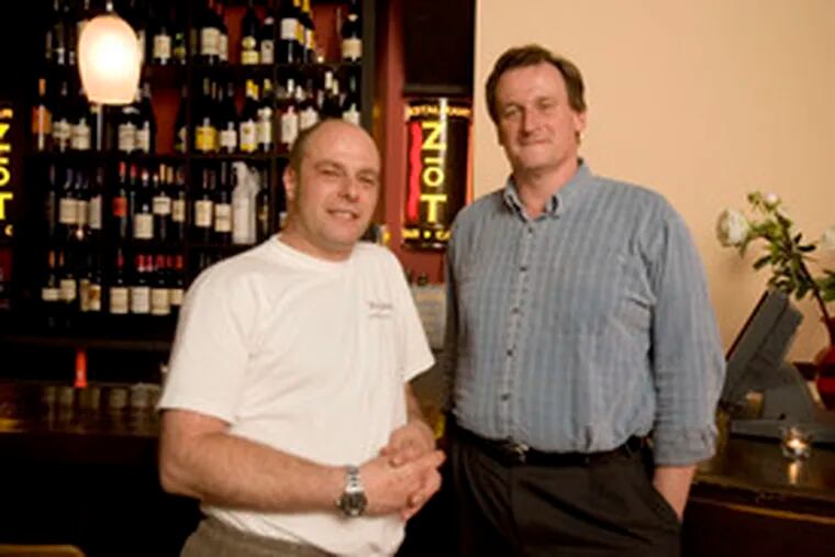 Chef Bernard Dehaene (left) and his business partner, Tim Trevans, at Zot, in the former quarters of Le Champignon de Tokio near Head House Square. Dehaene previously operated a Belgian restaurant in the Washington suburbs.