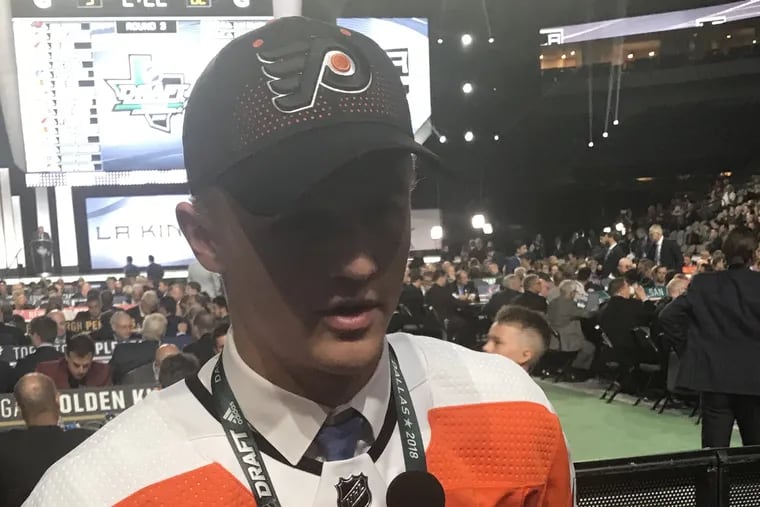 Adam Ginning after the Flyers took him in the second round of the NHL draft Saturday in Dallas.