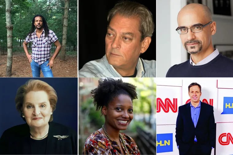 Authors coming to the Philly area in spring 2018 include (clockwise from left): Colson Whitehead, Paul Auster, Junot Diaz, Jake Tapper, Tracy K. Smith, and Madeleine Albright.
