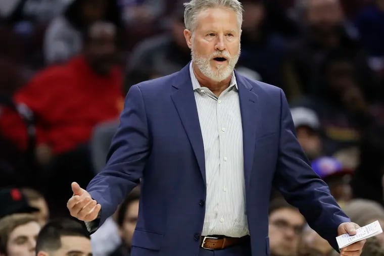 Sixers coach Brett Brown during the victory over the Toronto Raptors on Saturday. (YONG KIM / Staff Photographer)