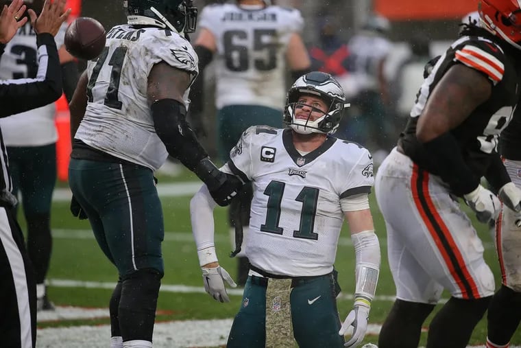 Carson Wentz and the Eagles fell to 3-6-1 on the season after Sunday's 22-17 loss against the Browns Sunday.