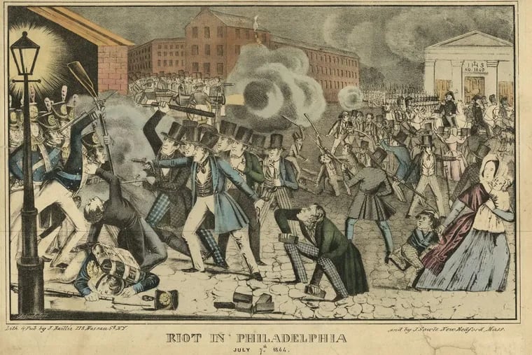 This print depicts the riots when an influx of immigrants, mostly Irish Catholics, clashed with nativist Protestant groups over Philadelphia school officials’ decision to permit the use of both the King James and the Latin Vulgate version of the bible in the public school system.