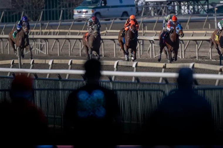 Spectators watch a race at the Parx Racing track in Bensalem, Pa., on March 10, 2021.