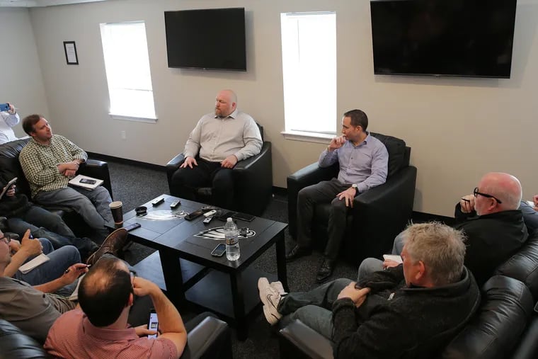 Eagles president Howie Roseman, right, and player personnel director Joe Douglas, left, were made available to the media at the NovaCare Complex in Philadelphia, PA on April 16, 2019.