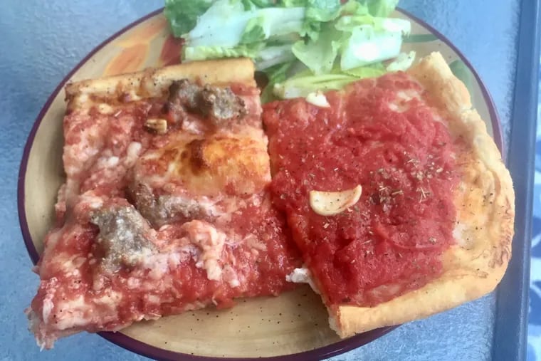 A slice of sausage pizza and tomato pie from Maggpie’s Pizza, a weekend evening pop-up this summer at the Barefoot Market in Ocean City.