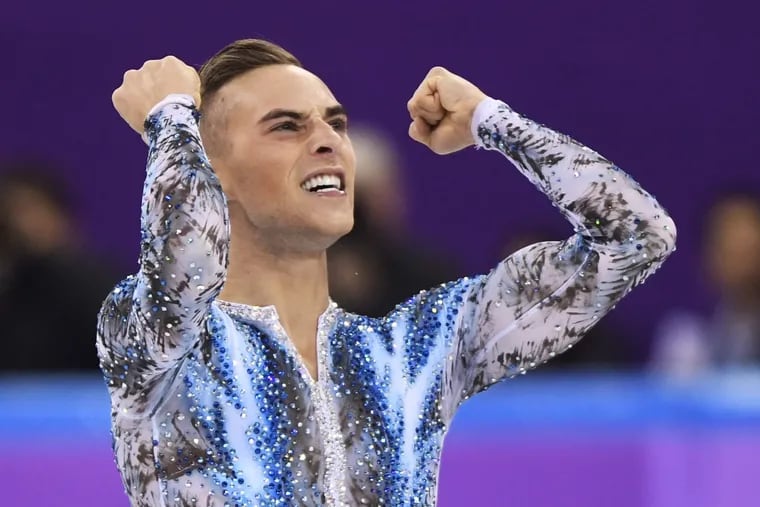 Adam Rippon of the United States reacts after his performance in the men's single skating free skating at the 2018 Winter Olympics.