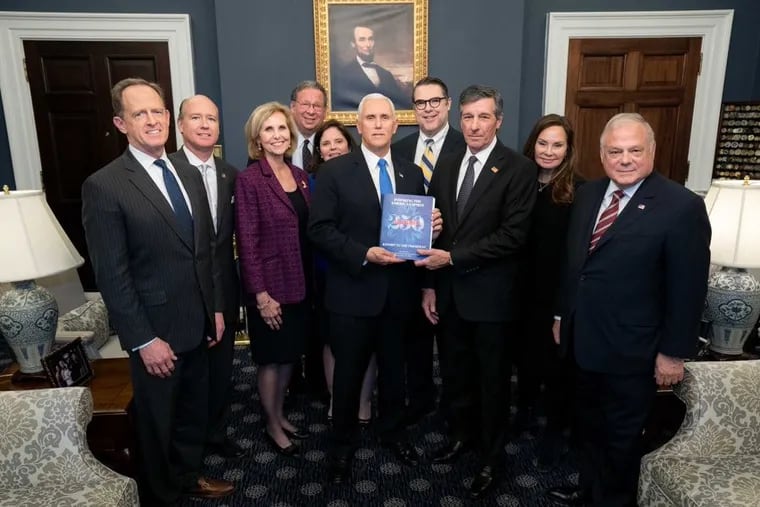 A delegation of the United States Quincentennial Commission visits the White House after delivering their 267-page preliminary report, Jan. 15, 2020. From left: U.S. Sen. Pat Toomey R-Pa.; U.S. Rep. Robert Aderholt, R.-Ala.;  Lynn Forney Young, president general, Daughters of the American Revolution; David L. Cohen, Comcast Corp. executive, and chair, Trustees of the University of Pennsylvania; Cathy Gillespie, chair, Consulting America; U.S. Vice President Mike Pence; James L. Swanson, writer; Dan DiLella, principal, Equus Capital Partners, and commission chairman; Rosie Gumataotao Rios, former Treasurer of the United States; Frank Giordano, executive director of the commission
