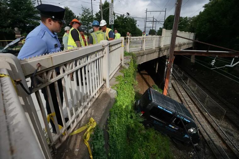 A Police officer surveys the scene where a car drove off of the bridge onto the tracks at 4900 Kingsessing in Philadelphia affecting rail commuters Tuesday morning.