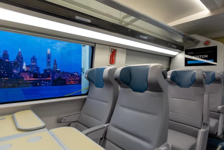 A standard seating mock up of the interior of new Amtrak Acela Express cars at the Alstom facility in New Castle, Delaware, Tuesday, August  27, 2019. Amtrak announced plans to cancel Acela nonstop service between Washington, DC and New York amid coronavirus concerns.