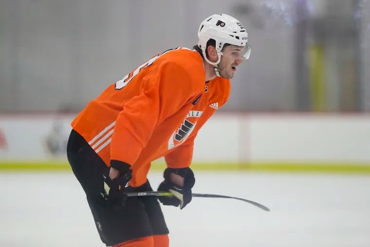 Flyers left winger Samuel Morin on the ice during training camp. He is trying to switch positions after being a defenseman during his career.