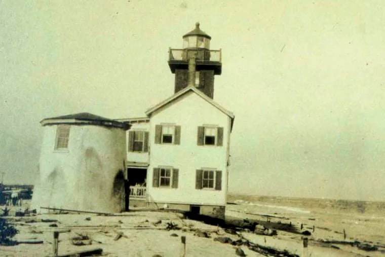 The Tucker’s Island Lighthouse not long before it would collapse into the Atlantic Ocean. The porch is gone, and water is washing under foundation. Credit: New Jersey maritime Museum.