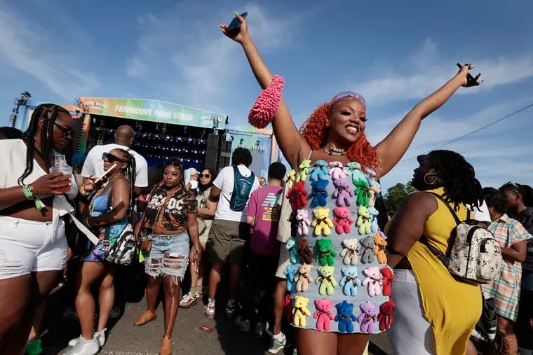 Zay Smith of Washington, D.C. dances in her home made “teddy dress” during the Roots Picnic Philadelphia at The Mann in Fairmount Park on Saturday, June 1, 2024.