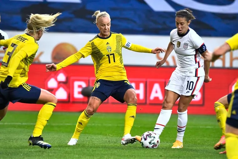 Former Philadelphia Independence forward Caroline Seger (center) has played 215 times for Sweden, the appearances record for any European national team player.