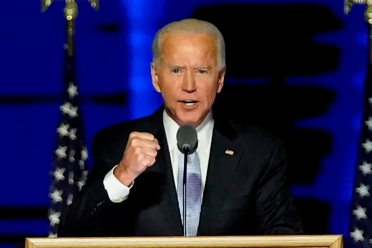 President-elect Joe Biden addresses the nation from the Chase Center in Wilmington, Del., on Saturday night.