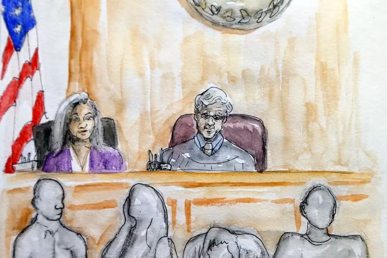 In this courtroom sketch Judge Richard Moore, top right, presides over the trial of James Alex Fields Jr. during the second day of jury selection in Charlottesville General District Court in Charlottesville, Va., Tuesday, Nov. 27, 2018. Fields is accused of killing a woman during a white nationalist rally in Virginia last year. (Izabel Zermani via AP)