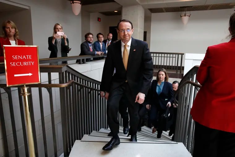 Deputy Attorney General Rod Rosenstein leaves a classified briefing about the federal investigation into President Donald Trump's 2016 campaign, on Capitol Hill in Washington, Thursday, May 24, 2018.